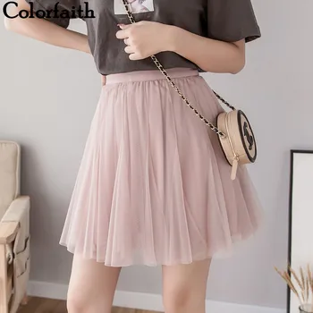 

Colorfaith 2019 Women Casual Chiffon Mini Skirt Spring Summer Pleated Multi Colors Mesh Ball Gown Flared Skater Skirts SK2697