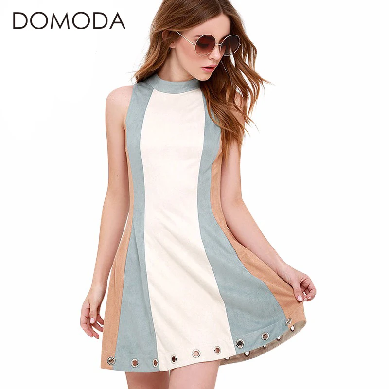 DOMODA Zipper Back Color Block Summer font b Dresses b font Women Cute O neck A
