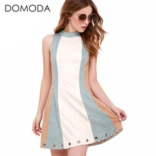DOMODA Zipper Back Color Block Summer Dresses Women Cute O-neck A-line Eyele Mini Dress High-waist Casual Vestidos Female