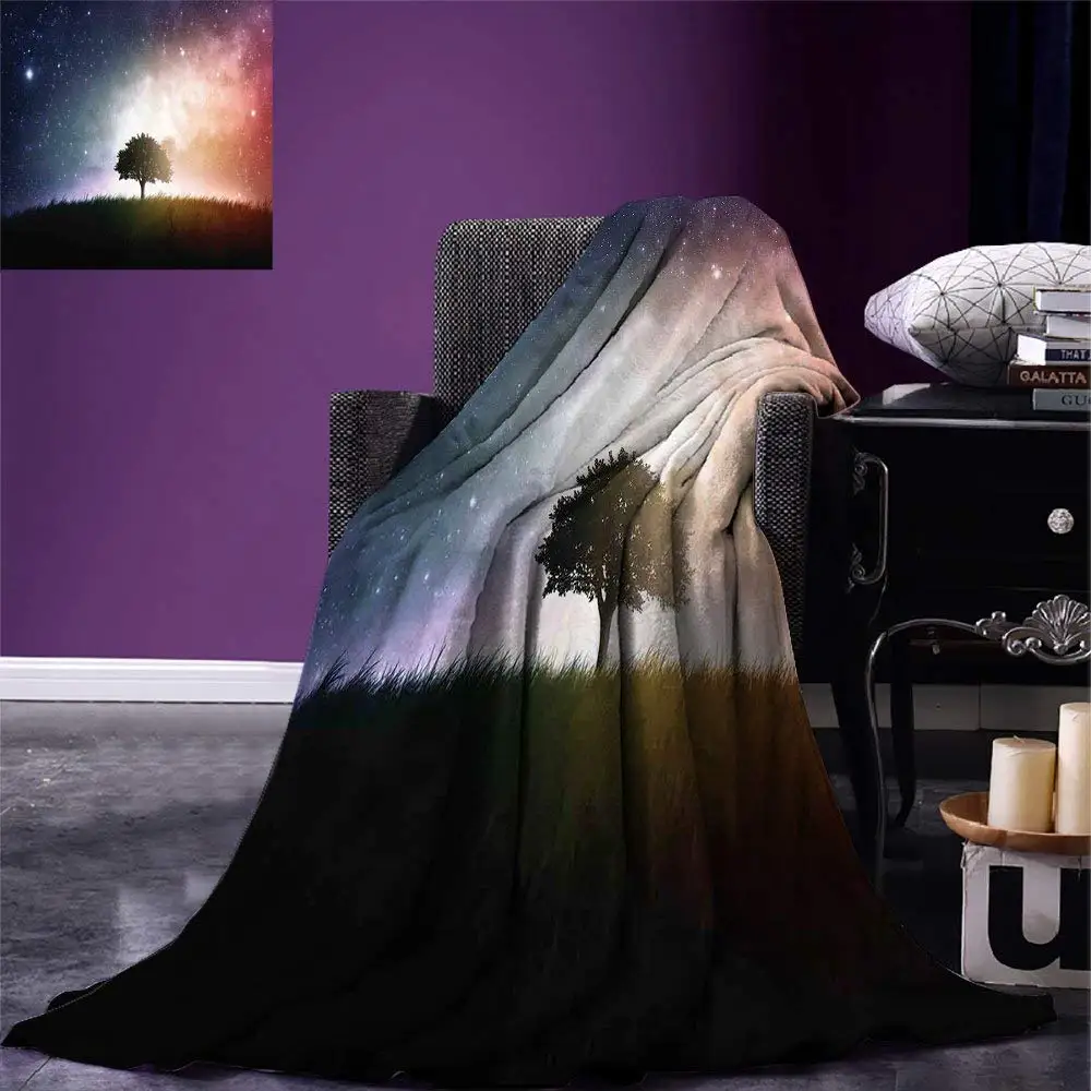 Space Throw Blanket Single Tree in Field of Meadow Valley with Stars Universe Spiritual Display Print Warm Microfiber | Дом и сад