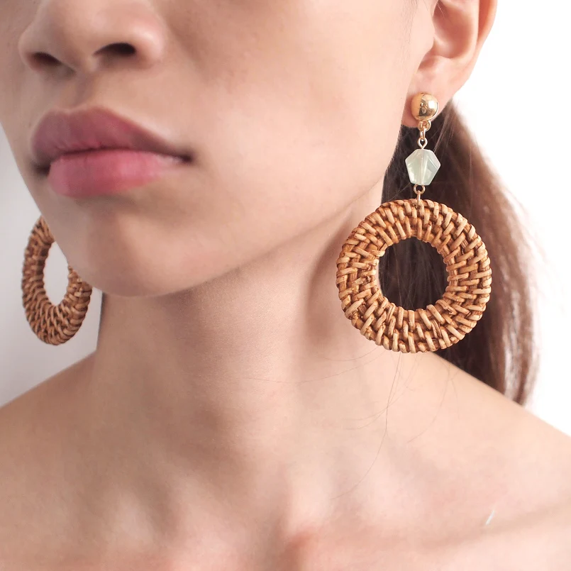 MANILAI Trendy Korea Earrings For Women Wood Straw Rattan Knit Drop Dangle Earrings Big Jewelry Statement Earrings Wooden Female