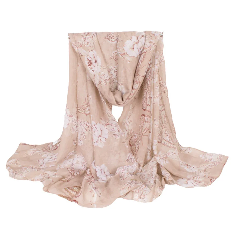 

2019 Fashion Women's Scarfs Beige Butterfly&Flower animal Print Polyester Long Beach Scarves And Shawls 180*90 cm