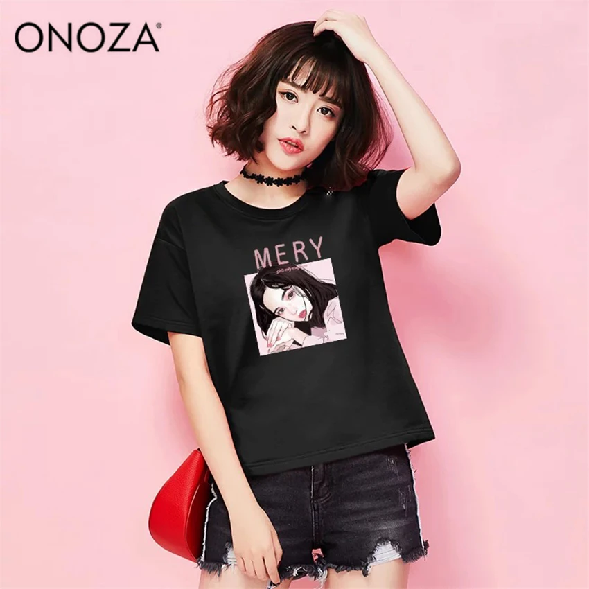 Onoza Забавные футболки корейский стиль черный Ropa De Mujer Verano Harajuku Camiseta манга Курта