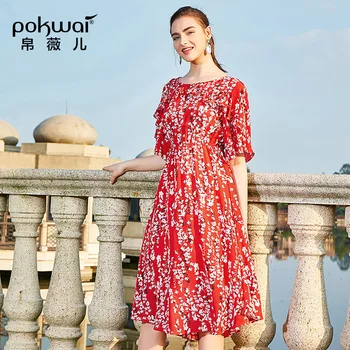 

POKWAI Silk Crepe De Chine Dress Silk Spring And Summer New Fashion Print Five-Point Sleeve Round Neck Floral a Dress