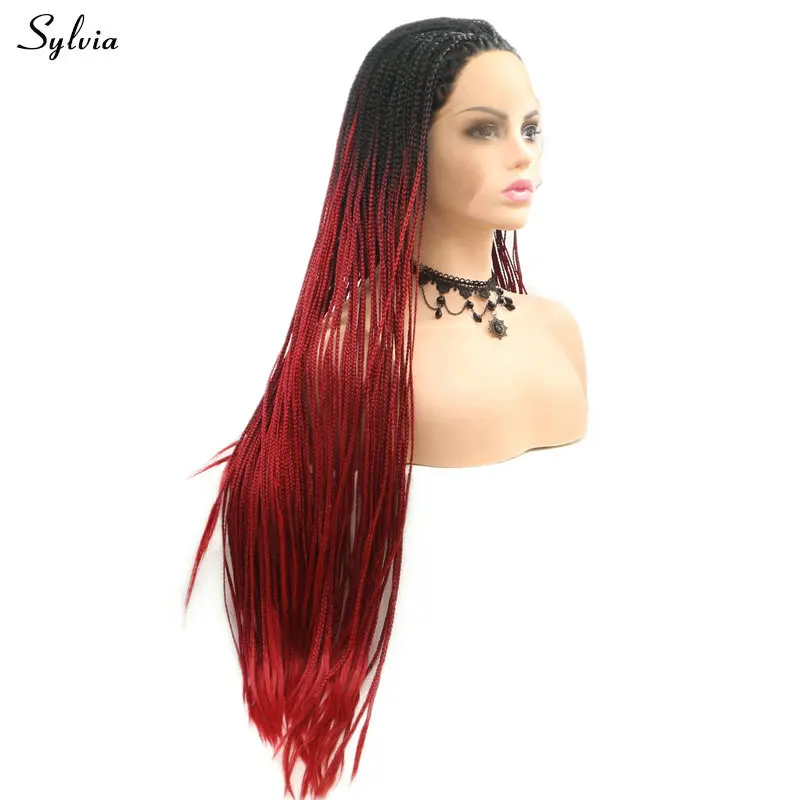 Sylvia черный Ombre цвет красного вина Плетеный парик с квадратными косичками синтетический синтетические волосы на кружеве Искусственные парики термостойкие