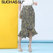New Chiffon Print Skirt Women 2019 Summer Yellow Red High Waist Mid Long Mermaid Skirt S-3XL Plus Size Slim Ruffle Skirt Female New Chiffon Print Skirt Women 2019 Summer Yellow Red High Waist Mid Long Mermaid Skirt S-3XL Plus Size Slim Ruffle Skirt Female