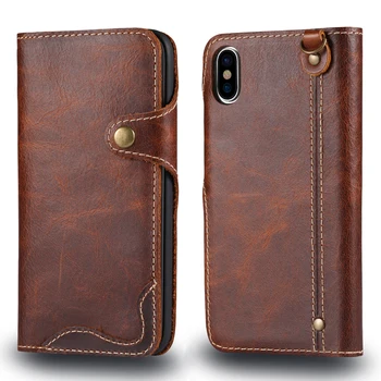 

For iPhone XS XR Case Retro Oil Wax Genuine Leather Flip Case Handstrap Card Belt Bag Cover for Apple iPhone XS Max Phone Case