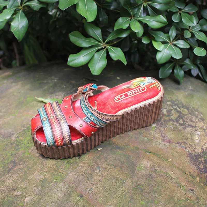 

2019 handmade summer new casual female sandals ethnic style leather sandals flower female slippers