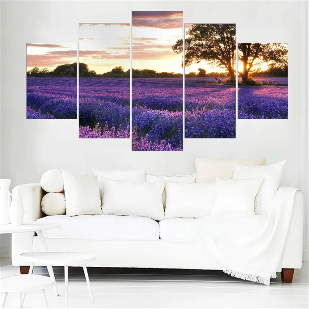 

Unframed Canvas Painting Purple Lavender Oil Picture Landscape Wall Sticker Scenery Modern Adornment Modular for Wall Decor 5pcs