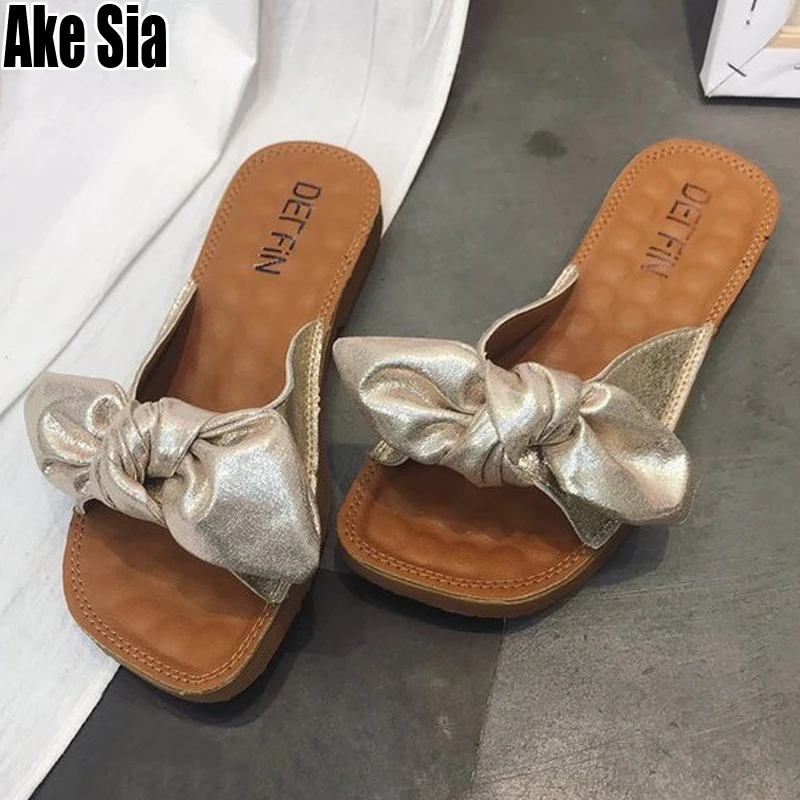

New Fashion Sweet Bowknot Women Ladies Summer Holiday Beach Peep Toe Stuffies Flat Casual Slippers Scuff Mules Slides Shoes A621