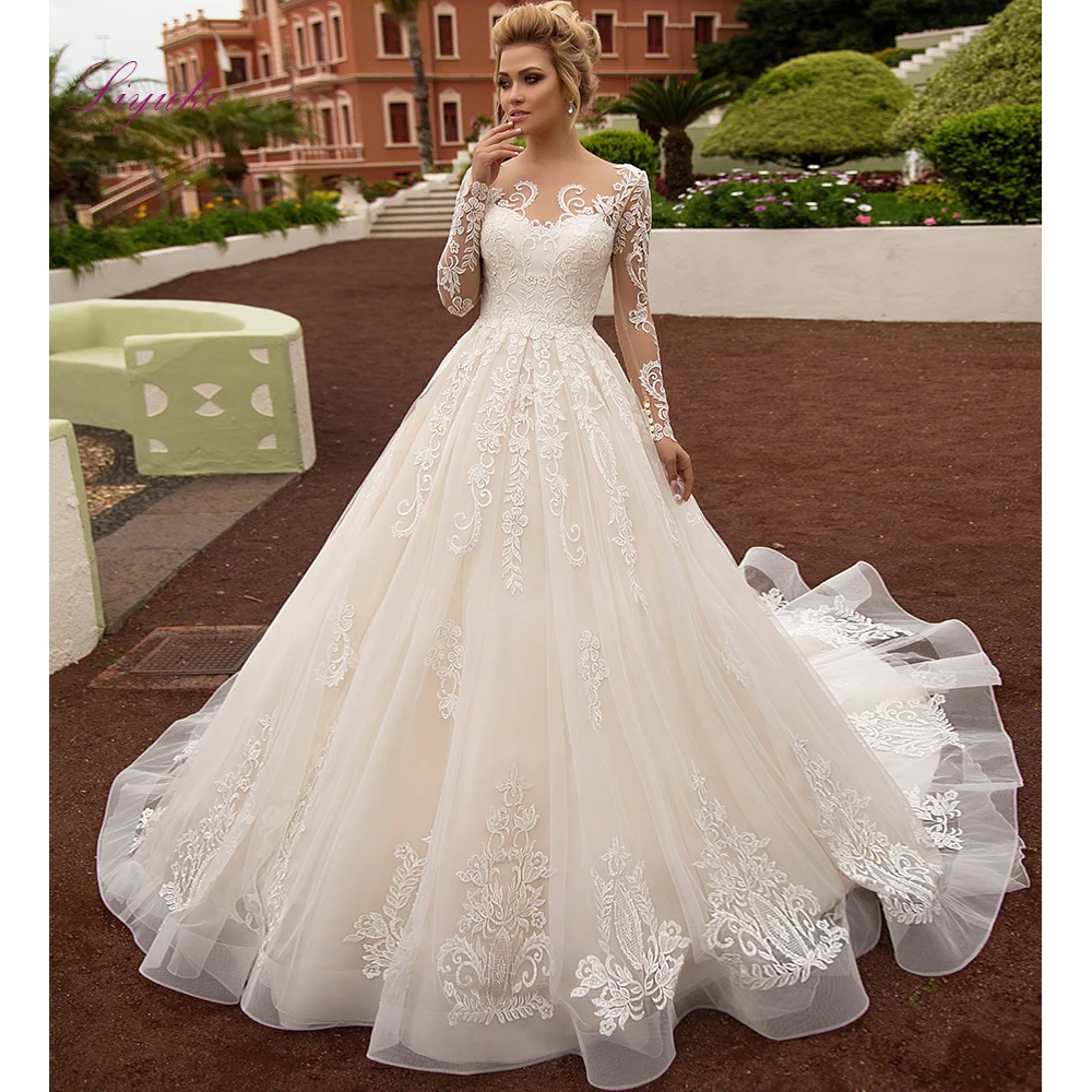 

Liyuke 2019 Married Wedding Dress Ball Gown Scoop Neck Lace AppliquesLong Sleeves Robe de mariee Customized