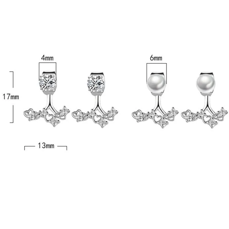 Anenjery, 925 пробы, серебряные серьги, ювелирное изделие, спереди, сзади, двухсторонние листья, сердце любовь, циркон, имитация жемчуга, серьги-гвоздики, S-E258