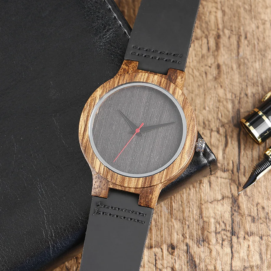 Top Men's Wooden Watches High Quality Black Handmade Natural Wood Bamboo Quartz-watch No Number Face Chic Second Hand Clock Male (26)