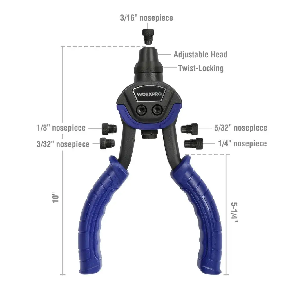 WORKPRO 10" Hand Riveter Rivet Nut Guns Riveter Gun with 5 Replaceable Nosepieces