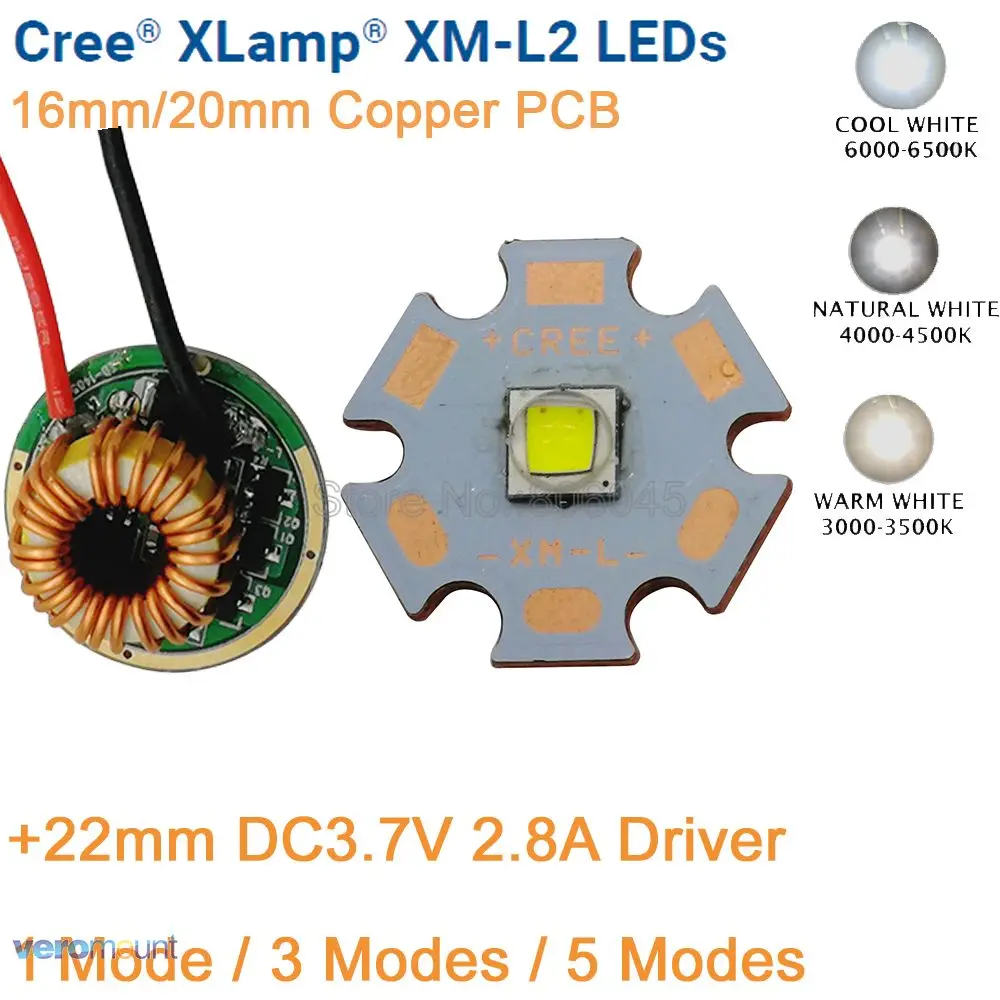 

Cree XM-L2 T6 10W Cool White Neutral White Warm White LED Emitter 20mm Copper PCB+22mm DC3.7V 2.8A 1 Mode /3 Mode /5 Mode Driver