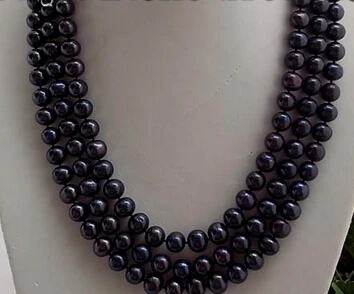 

huij 004902 3strands 9-10mm round black FW pearl necklace