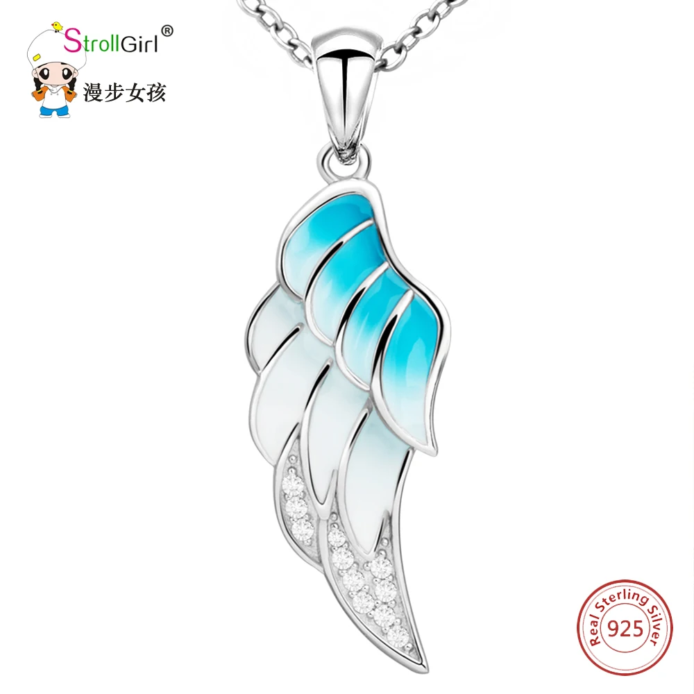 925 Sterling Silver Chain Cubic Zirconia Enamel Pendant Necklace Girl Fashion Jewelry Angel Wing Necklaces & Pendants For Women