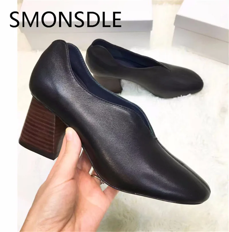 

SMONSDLE New Spring Summer Genuine Leather Pumps Shoes Woman Round Toe Slip On Shallow Thick High Heels Women Elehant Pumps