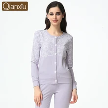 Осенние пижамы больших размеров, женские пижамные комплекты из модала и хлопка, женский кардиган с круглым вырезом+ штаны, Пижамный костюм с цветочным принтом