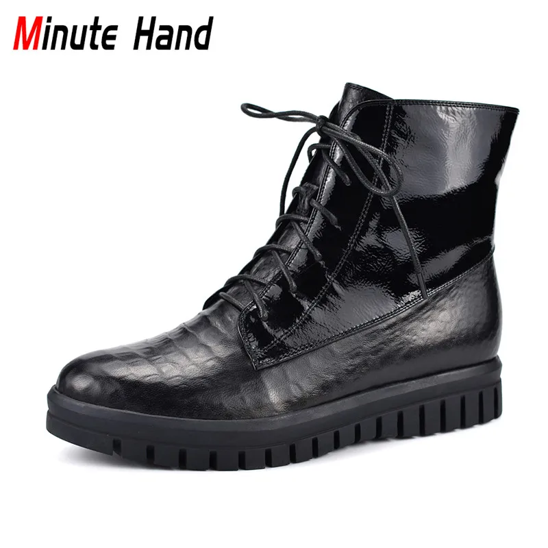 

Minute Hand Luxury Cow Leather Fashion Boots Women Platform Flat Lace Up Ankle Boots Women Boots Autumn Winter Thick Wool Shoes
