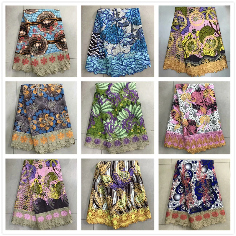 

New Design Hollandais Wax With Lace High Quality Embroided African Wax Lace Fabric 100% Cotton Nigeria Guipure Wax Lace 6 Yards