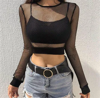

Women's Sheer Mesh T-Shirt New Sexy Long Sleeves See Through Fishnet Top Wear Ladies' Fashion Summer Black T-shirts Hot Selling