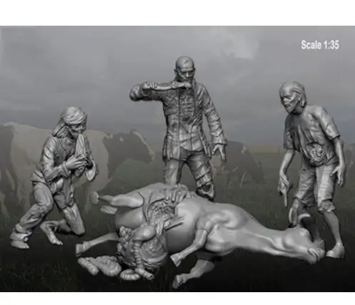 

New Unassembled 1/35 Zombie - Cow Massacre inlcude 3 figures & 1 Dead Cow Resin Kit DIY Toys Unpainted resin model