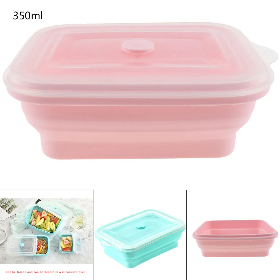 

350ML Portable Lunchbox Rectangle FDA Whole Silicone Scalable Folding Bento Box with Circular Hole Food Container Eco-Friendly