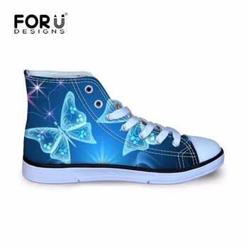 

FORUDESIGNS Blue Butterfly Girls Walking Sport Sneakers Kindergarten Children Kawaii High Top Lace Up Flat Shoes Monster High
