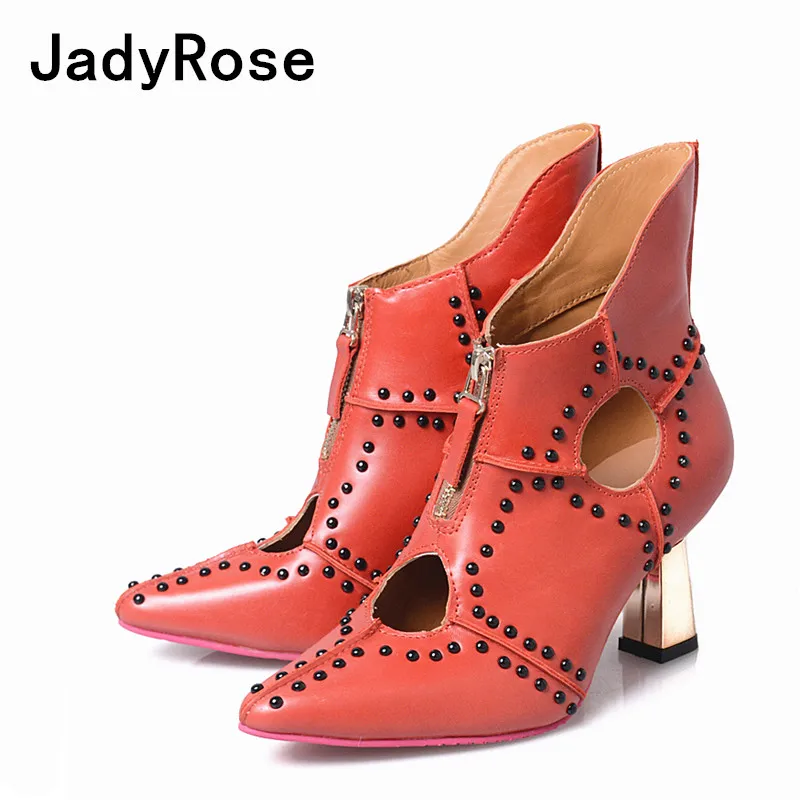 

Jadyrose women pointed toe ankle boots genuine leather 8cm high heels botas mujer studded bottine femme cut out sapato feminino