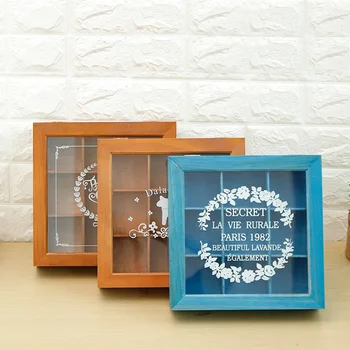 

Exquisite Retro Square Wooden Storage Box Glass Cover Desktop Jewelry Storage Box Makeup Organizers Home Decorations 1/4/9 Grids