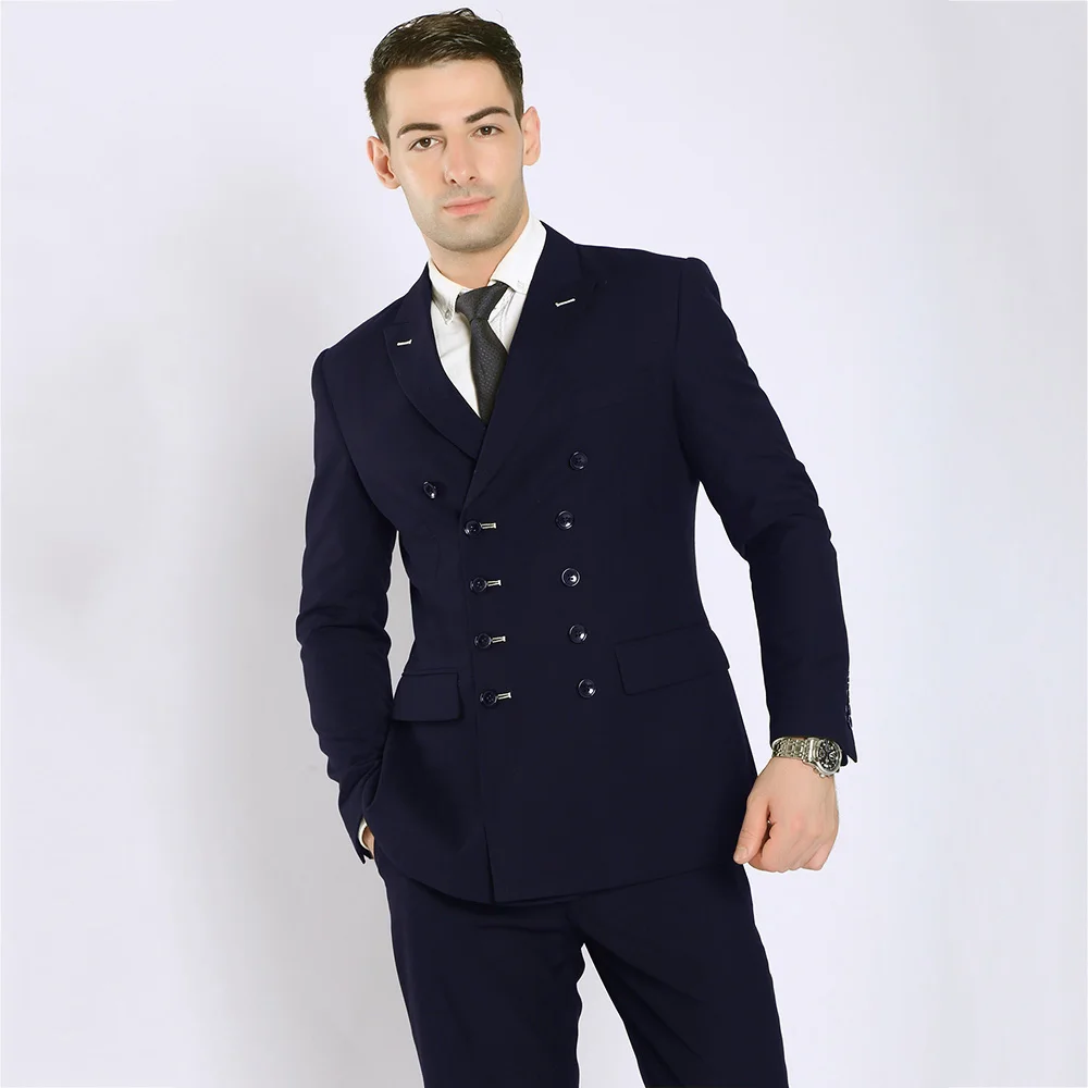 TOTURN Fashion Men Suits Black Navy Blue Double Breasted Suit Jacket Pant Male Casual Blazers Business Coat Formal Costume