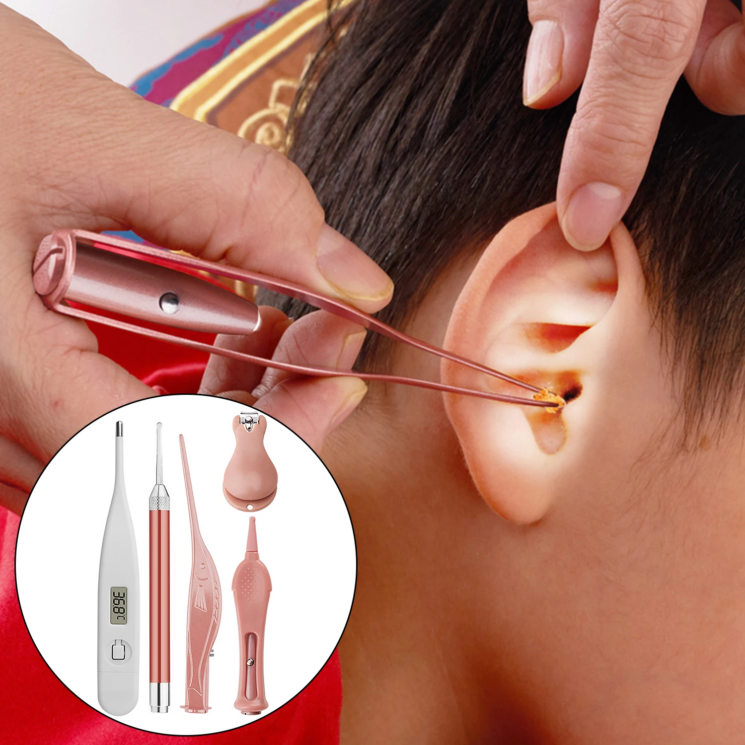 

LED Ear Pick + Luminous Earwax Removal Tweezer + Nose Cleaning Tool + Thermometer + Nail Clippers for Kids Adults Personal Care