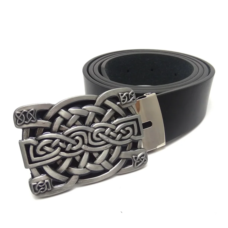 High quality Mens leather belt with celtic knot buckle metal fashion