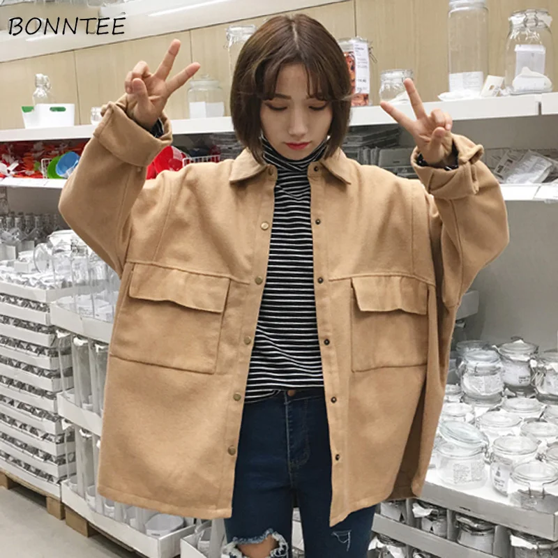 

Jackets Women Solid Loose Full Sleeve Turn-down Collar Pocket Womens Jacket Student Trendy Simple All-match Leisure Korean Style