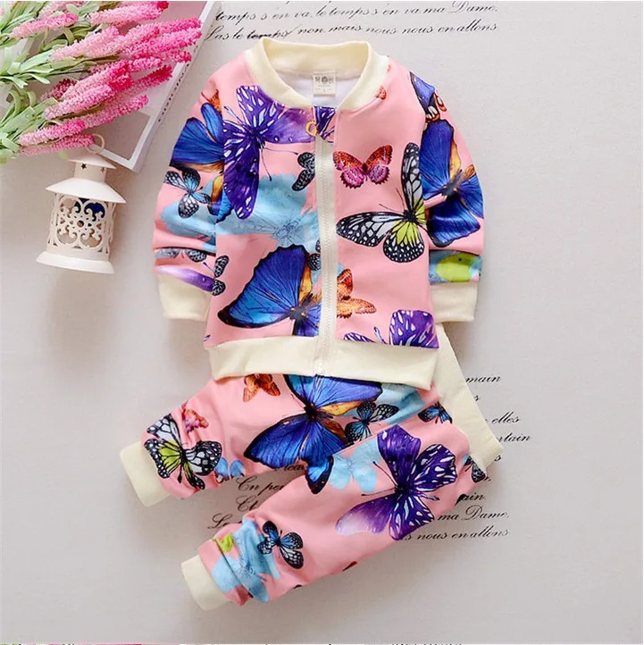 2016 new fashion spring childern leisure clothing set baby girls Colorful butterfly movement