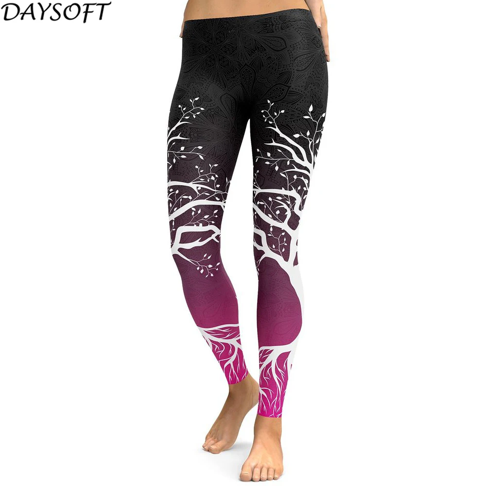 DAYSOFT Sportwear Фитнес леггинсы Для женщин Высокая Талия Леггинсы 3D Цифровой Дерево печатных брюки Тонкий Леггинсы тренировки Эластичные штаны