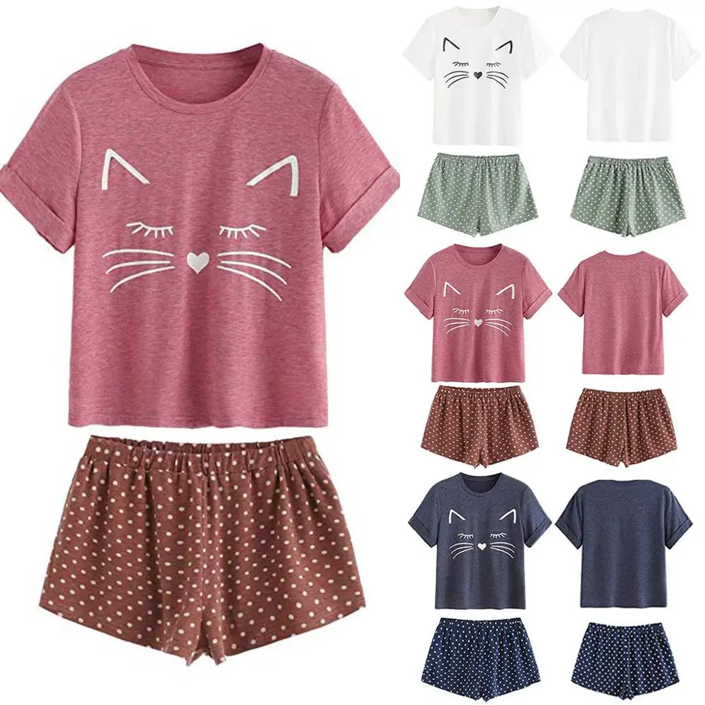 Женские повседневные шорты для кота, короткий рукав, футболка с рюшами, одежда для сна, набор пижам, женская пижама, женская одежда для сна