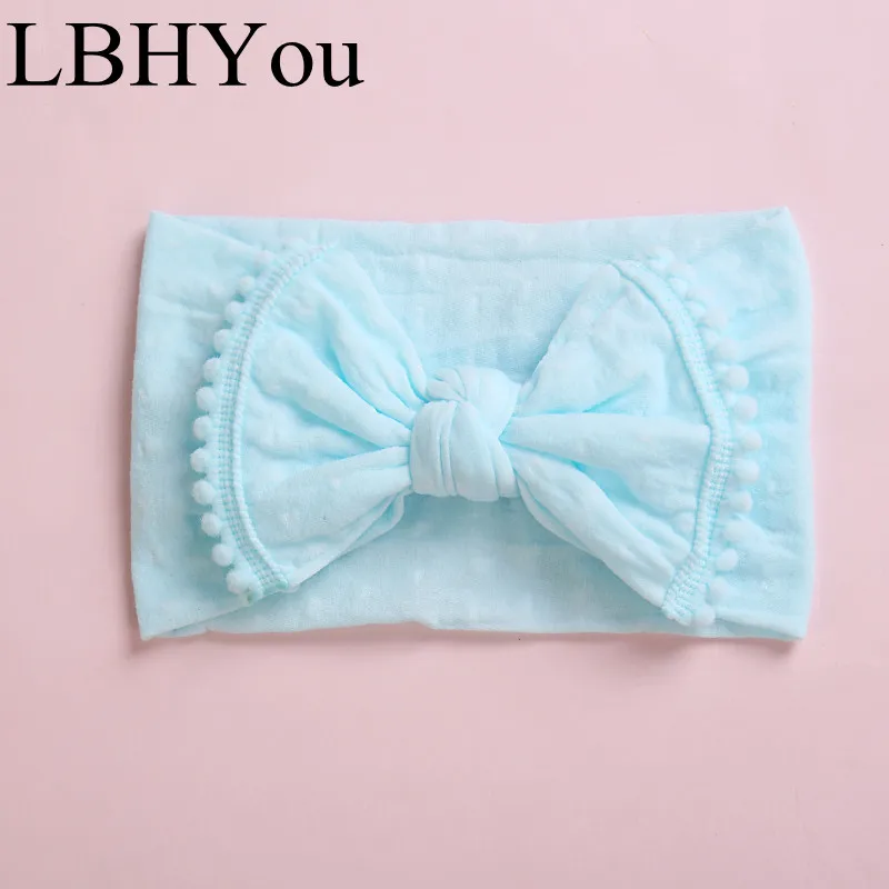 1pcs Knot Bows Width Nylon Headbands With Pompom Trims,Newborn Baby Girls Soft Stretchy Handtie Nylon Hairbands Girl's Hair Wear - Цвет: Sky Blue