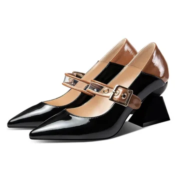 

2019 spring and autumn fashion women's shoes high quality real leather fabric shaped heel pointed toe black white shoes