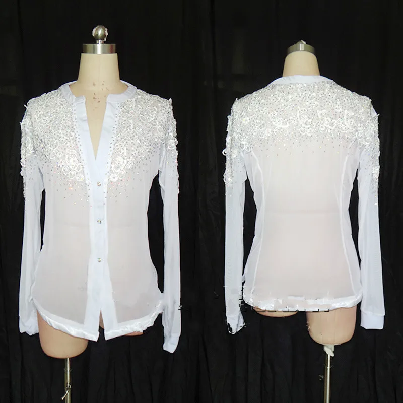 

White Lace Flower Rhinestone Latin Dance Shirt Men Ballroom Latin Dancing Tops Shirts Male Professional Competition Dancewear