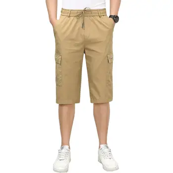 

Summer Mens Casual Shorts Khaki Army Green Black Cotton Bottoms Male Elastic Waist Comfort Short Man Knee Length Streetwear 4XL
