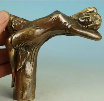 

Chinese Old Bronze Handmade Carved belle Collect Statue Walking Stick Head