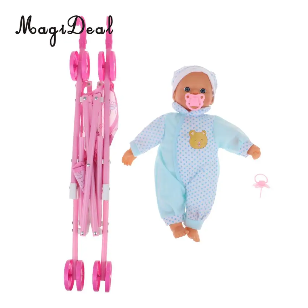 Mini Pushchair Stroller Foldable Baby Doll Trolley With Swivel Wheels & Newborn Infant Doll For Baby Doll Supplies Accessory