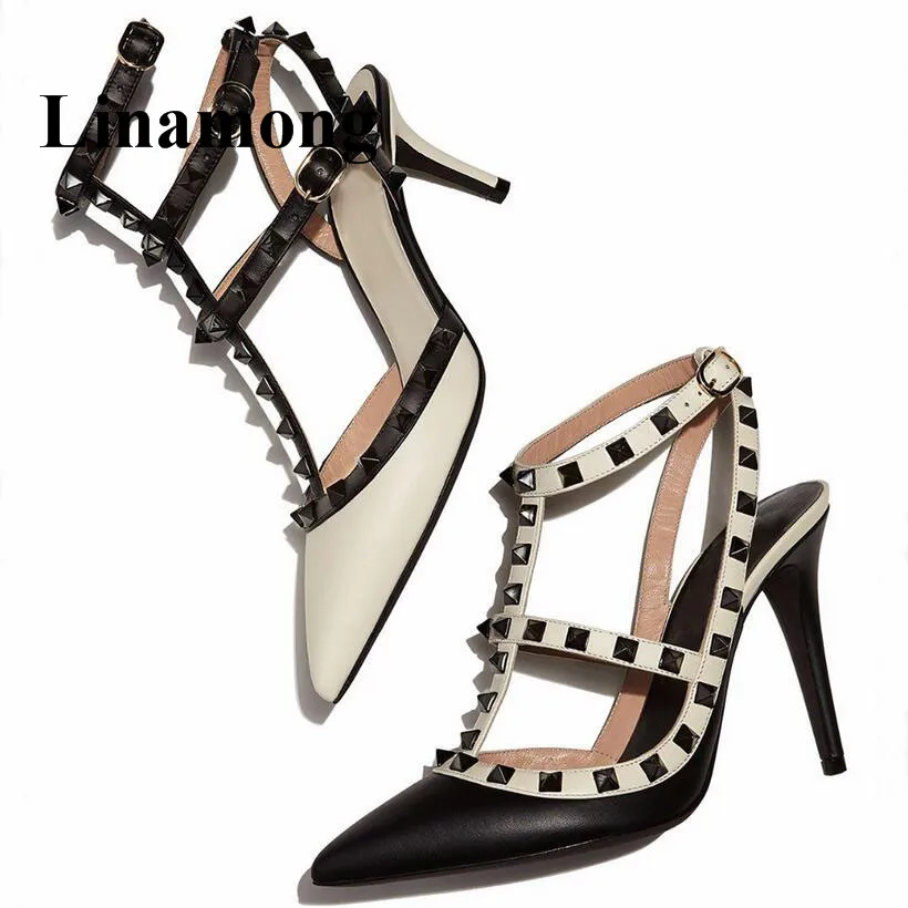 

Hottest Pointed Toe Slingbacks T-Strap Rivet Sexy Thin High Heel Buckle Strap Five Colors Fashion Women Pumps Normal Size