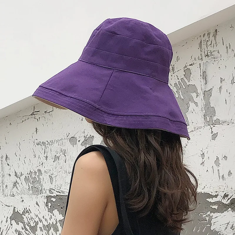 

Fisherman's hat women summer wear cotton linen with large eaves protect double - sided solid color basin hat beach sun caps