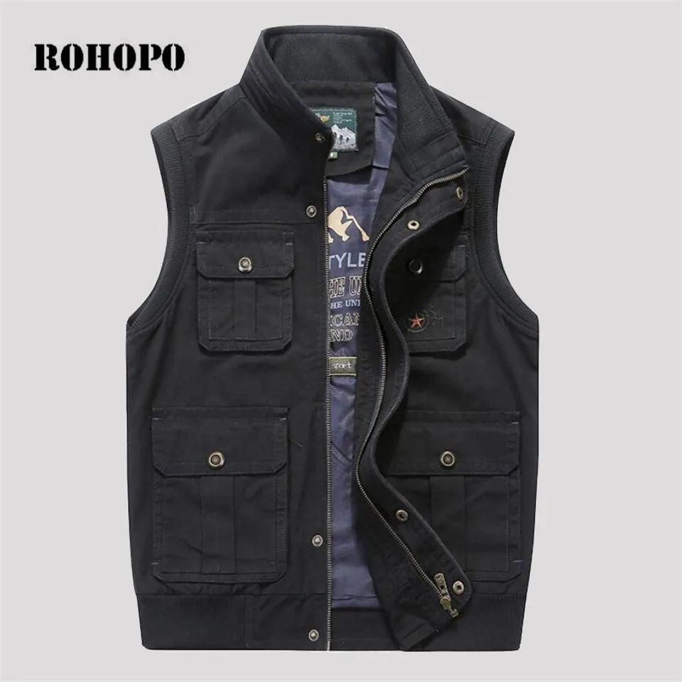 ROHOPO 7XL/8XL уплотненный хлопковый жилет с карманами для мужчин, для мотора и байкера, сафари, Мужская Рабочая хлопковая куртка без рукавов - Цвет: Синий