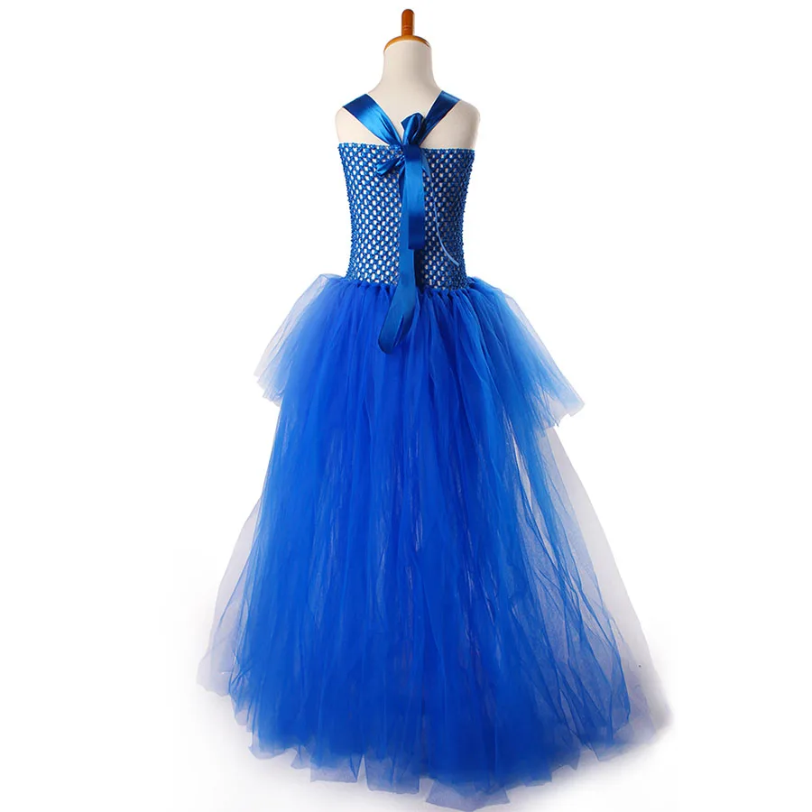 Kids Princess Blue Flowers Long Tail Tutu Dress Baby Girls Summer Tulle Wedding (10)