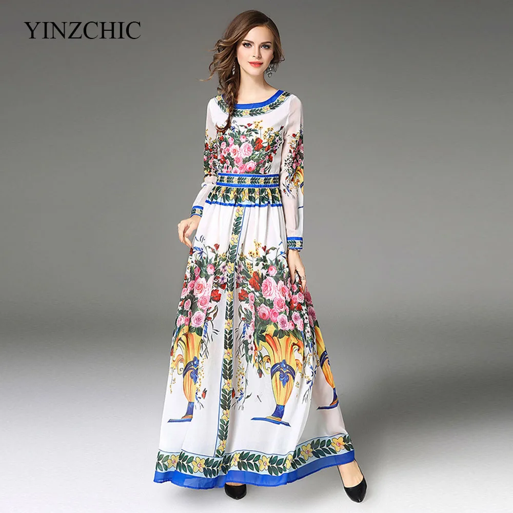 

high quality woman spring chiffon dress floral printed female maxi dress OL casual dress womens a-line party dress long