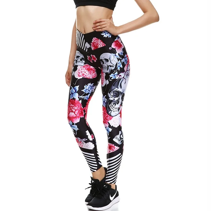 

New Arrival Sexy Hip Women Leggings Trousers Yoga Fitness Elastic Tights Girls Breathable Skulls Design Lady Gym Pants XS-XL